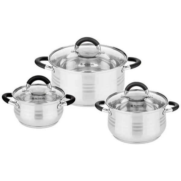 НАБОР КАСТРЮЛЬ AGNESS СО СТЕКЛ.КРЫШКАМИ 6ПР.1,7/3,5/6,5 Л. РАЗМЕР 16X9,5/2