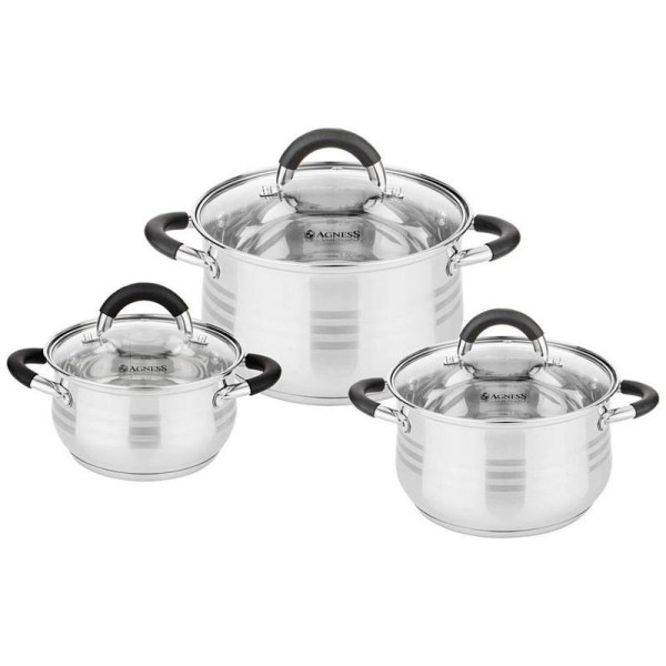 НАБОР КАСТРЮЛЬ AGNESS СО СТЕКЛ.КРЫШКАМИ 6ПР.1,7/2,6/3,5 Л. РАЗМЕР 16X9,5/1