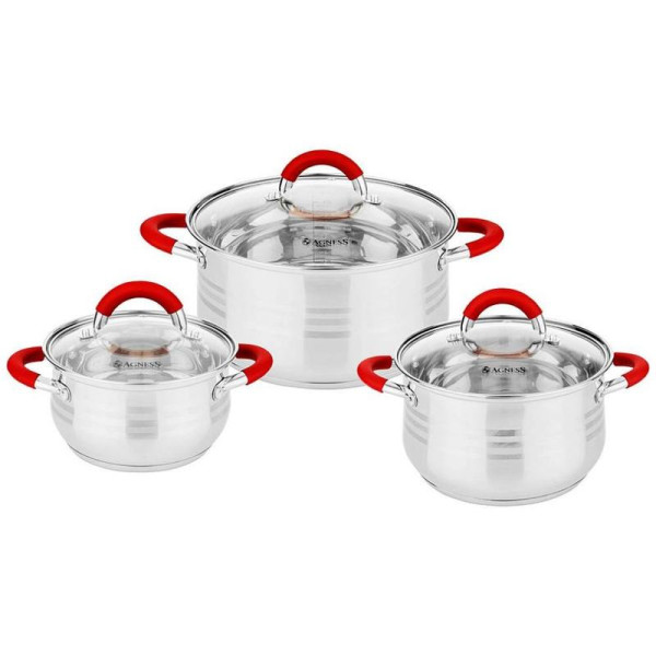 НАБОР КАСТРЮЛЬ AGNESS СО СТЕКЛ.КРЫШКАМИ 6ПР.1,7/3,5/5,5 Л. РАЗМЕР 16X9,5/2